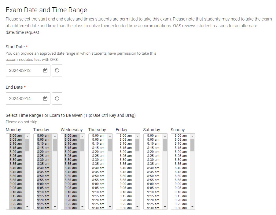 Exam Date and Time Range Section