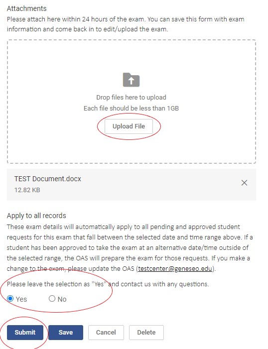 Attachments Upload File with a red circle around it, and Apply to All Records Yes filled in with a red circle and blue Submit button with a red circle