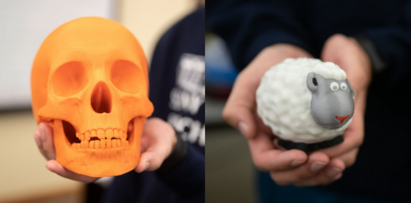 3d printed orange skull and white and grey sheep