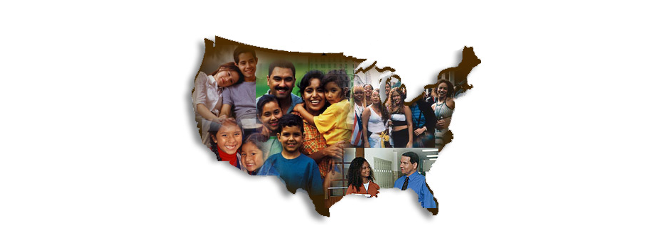 microcredential Collage of Spanish families and mediators in the shape of the United States.