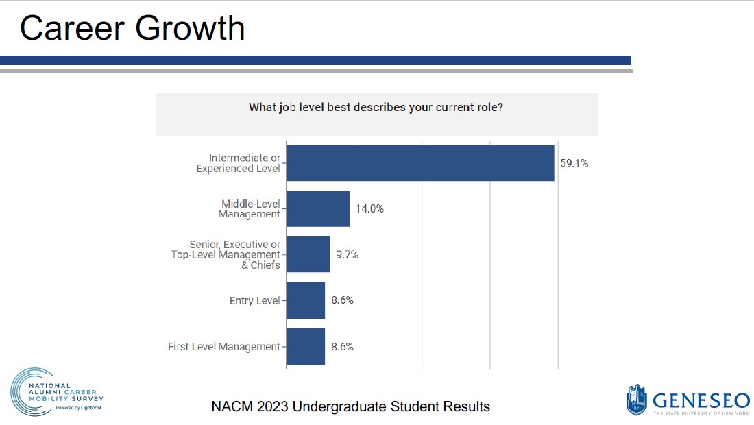 Career Growth - What job level best describes your current role? Intermediate or Experienced Level (59.1%), Middle-Level Management (14.0%), Senior, Executive or Top-Level Management & Chiefs (9.7%), Entry Level (8.6%), First Level Management (8.6%)