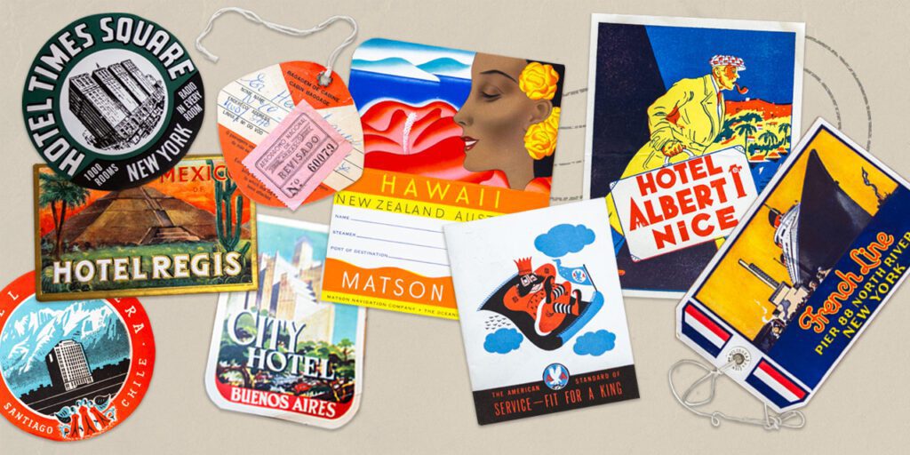 Luggage and hotel tags from Buenos Aires and other international locations.