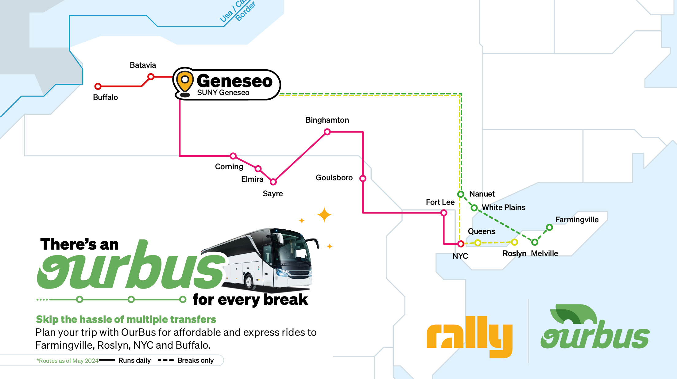 OurBus route to and from SUNY Geneseo, Buffalo, Binghamton, NYC, and NJ