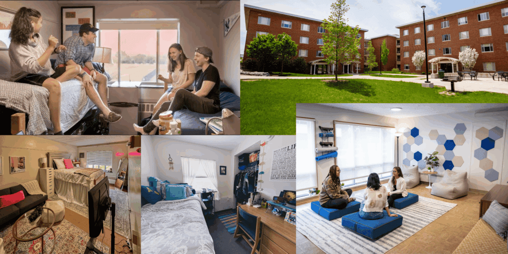 A collage of five images showcases various aspects of college dorm life. The largest exterior shot features a multi-story red brick residence hall facing a grassy courtyard with young trees and outdoor seating. Interior photos highlight diverse living arrangements, ranging from a standard shared room where students sit on beds chatting, to a highly organized personal room with a desk and closet, and a sophisticated suite featuring a living area with a sofa and television. One panel displays a contemporary common space or "wellness room" with blue floor cushions, bean bag chairs, and hexagonal acoustic wall tiles where students are gathered in a circle.