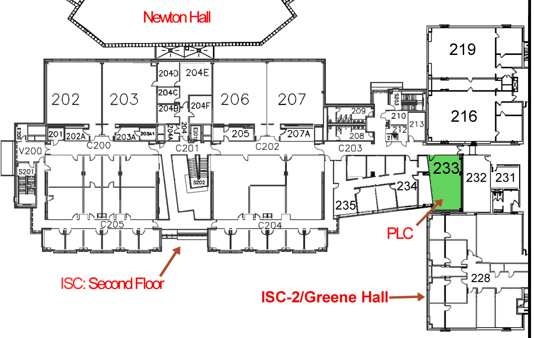 Layout of Newton Hall, Greene Hall, and Physics Learning Center