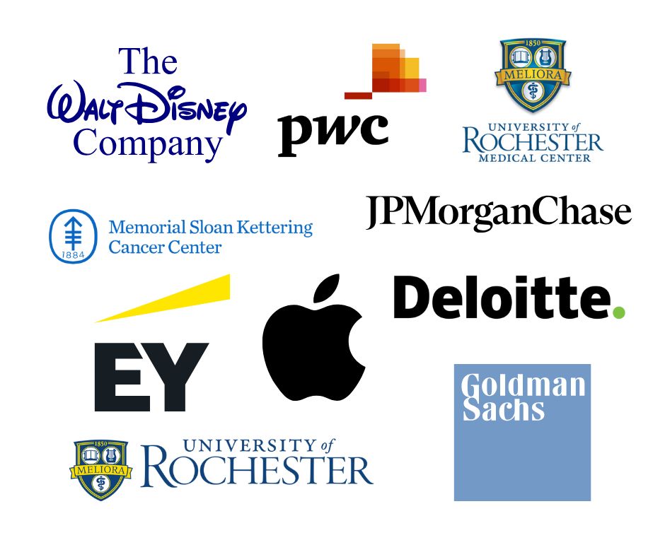 McKinsey & Company, Goldman Sachs, JPMorgan Chase, Apple, Deloitte, PricewaterhouseCoopers (PwC), Ernst & Young (EY), Memorial Sloan Kettering Cancer Center, The Walt Disney Company, University of Rochester and URMC.