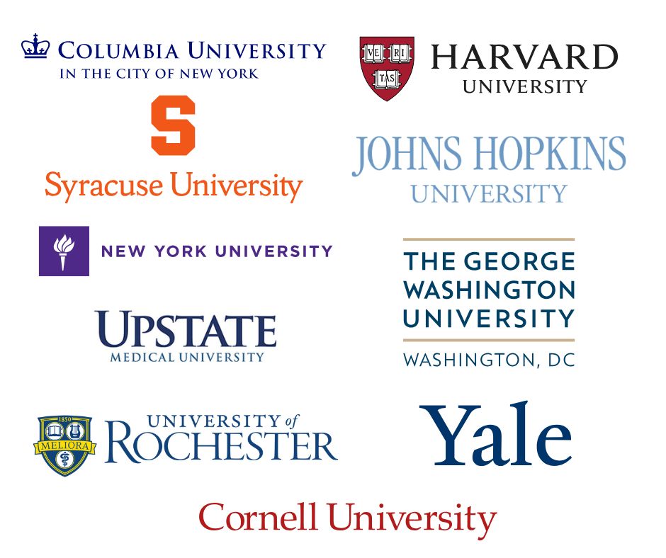 List of university names including Columbia University, Harvard University, Syracuse University, Johns Hopkins University, New York University, The George Washington University, Upstate Medical University, University of Rochester, Yale, and Cornell University.