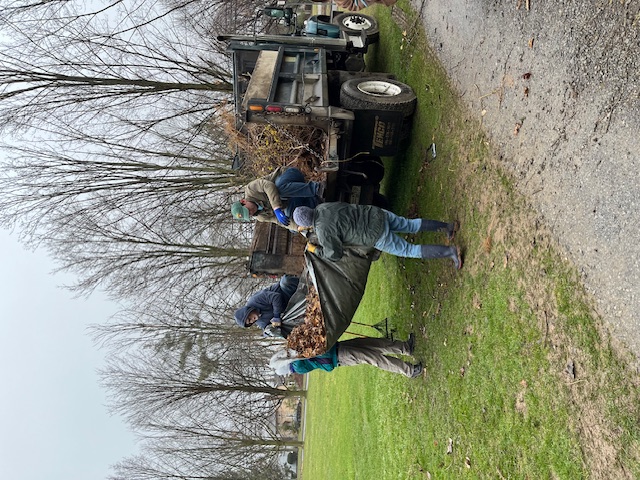 Four people lifting a large bag of leaves into the back of a truck.