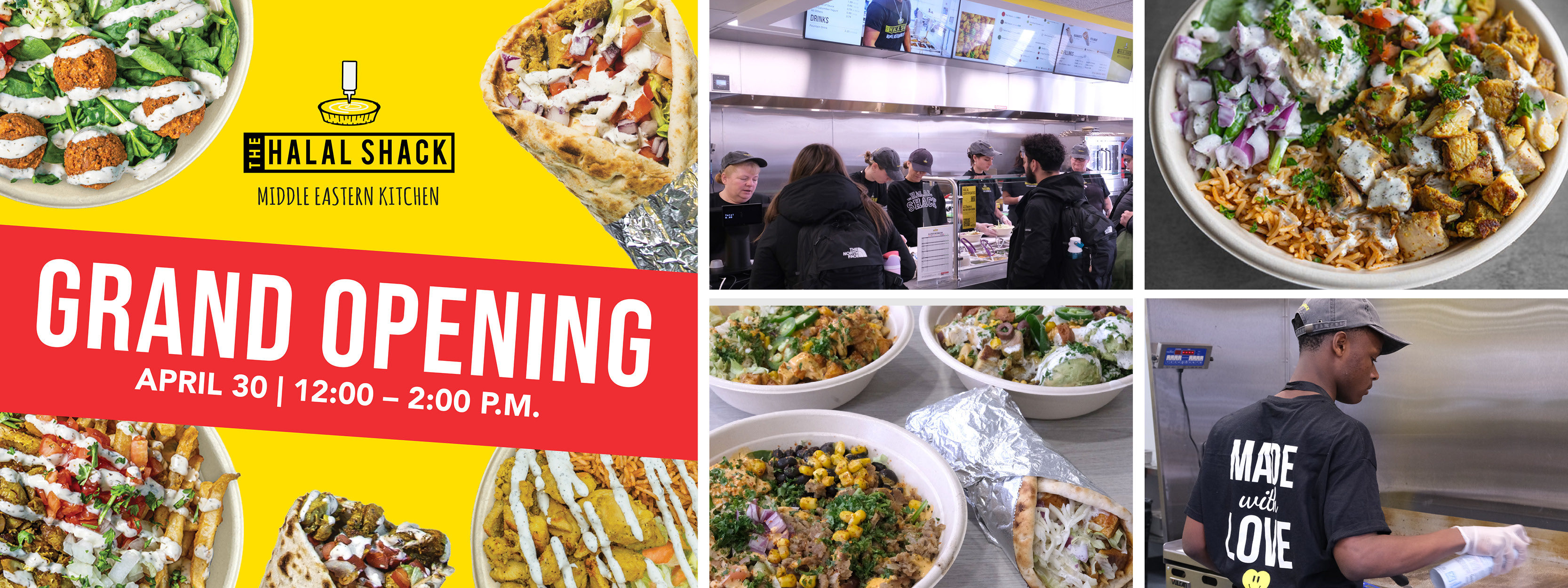 The Halal Shack Grand Opening graphic with photos of the service line and menu items, like rice bowls and pitas