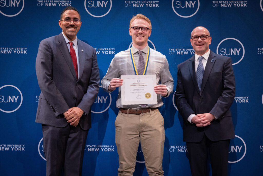 Chancellor King, Joseph Vogt '25, and Michael Taberski, Geneseo VP of Student and Campus life (Image provided)