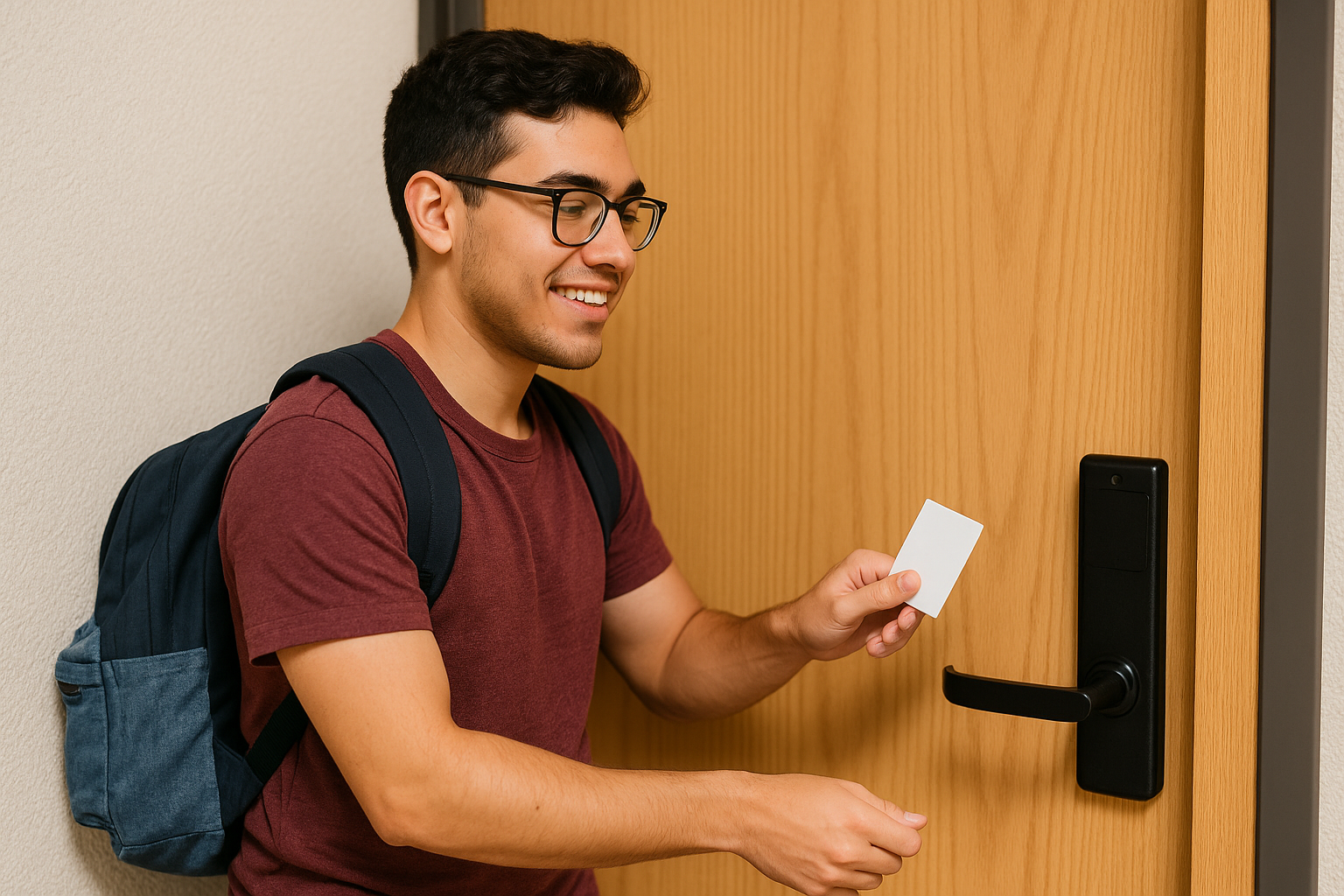 Student opening door with keycard