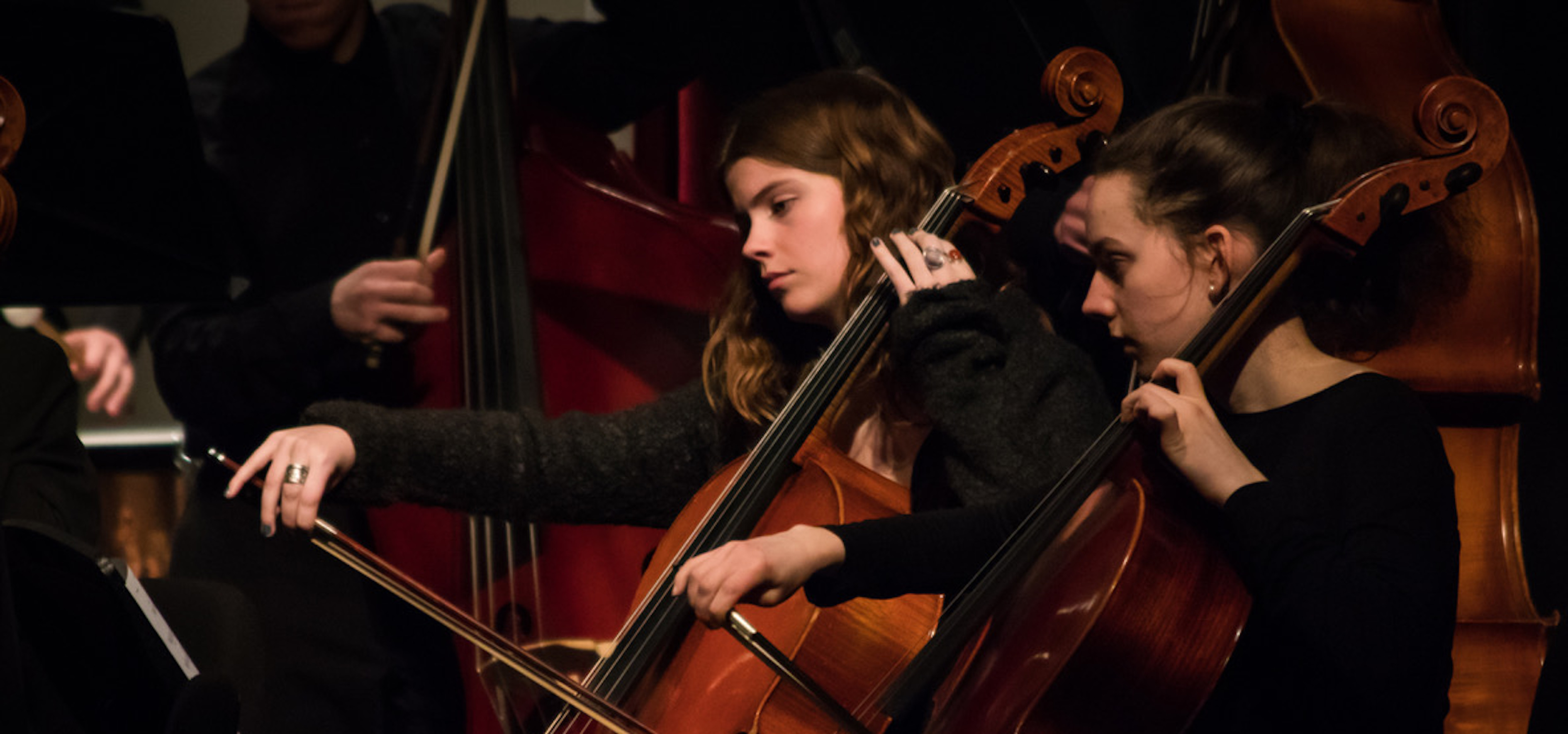 Two cellists perform in an orchestra setting, holding bows and focused on their instruments. A third musician, playing a double bass, is in the background.