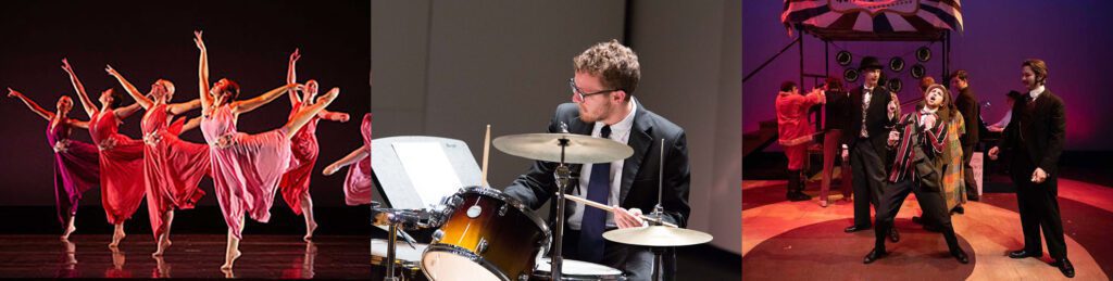 Image of Dance ensemble, percussionist, and musical theatre production