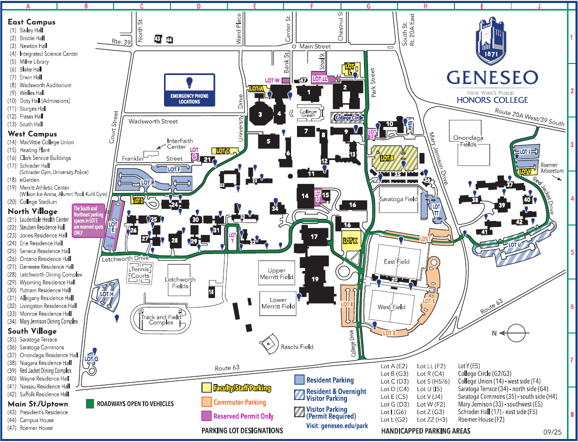 Detailed SUNY Geneseo campus map showing academic and residential buildings, athletic fields, and color-coded parking lots with a legend for faculty, commuter, resident, and visitor parking. Includes emergency phone locations and main roads.