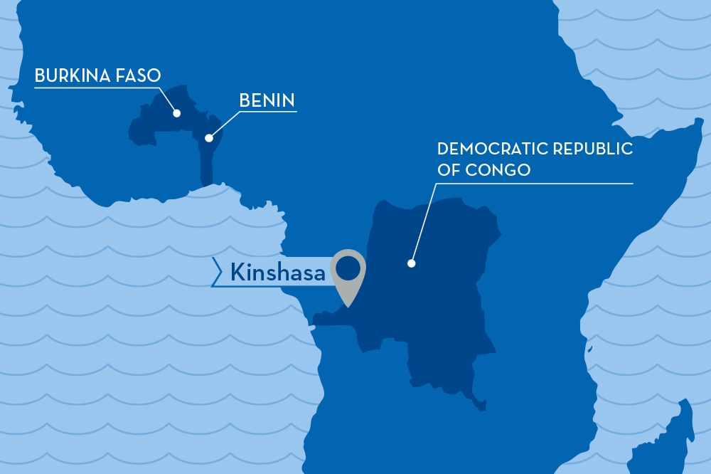 Map showing where the DRC, Benin and Burkina Faso are