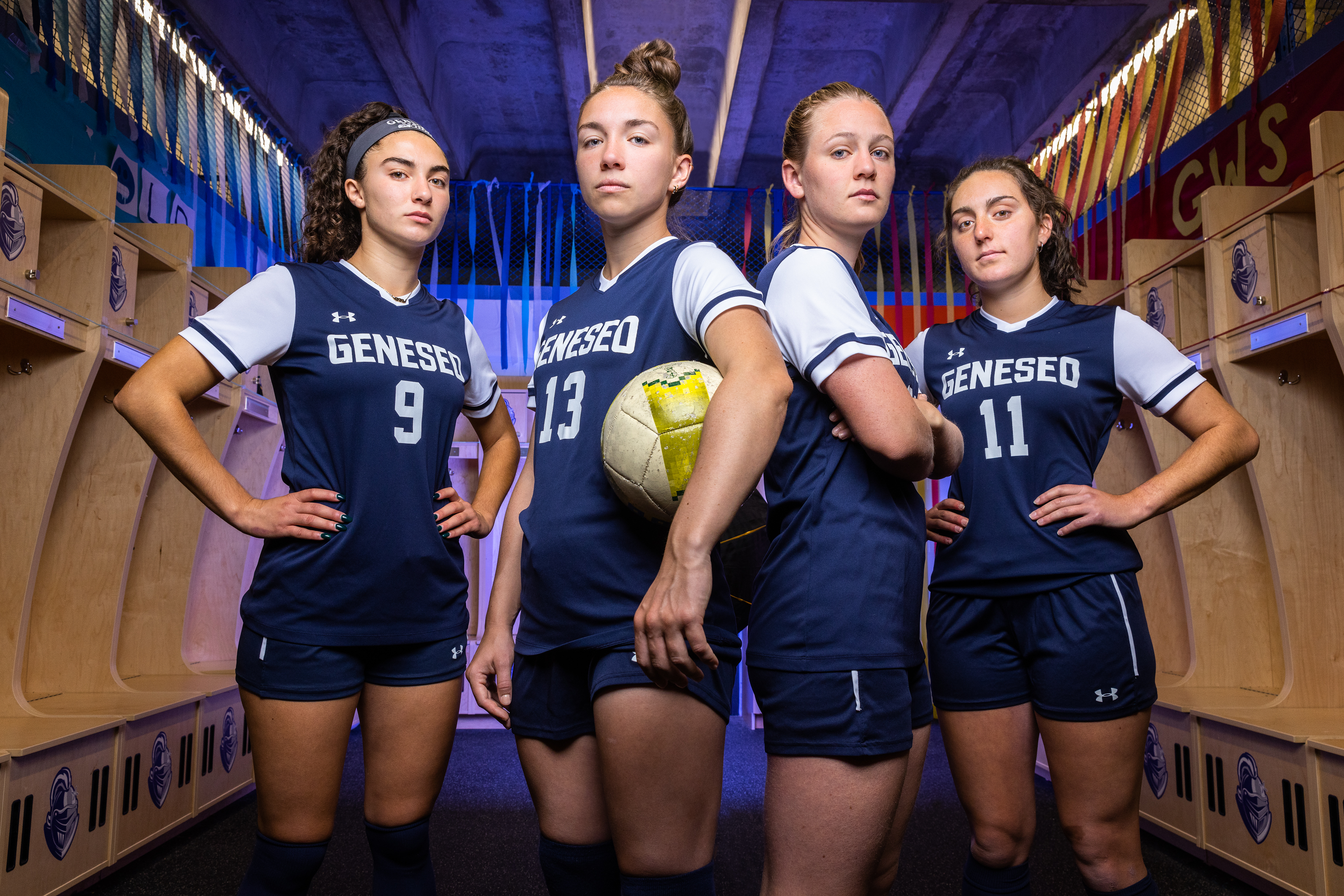 When the NCAA offered all student-athletes a fifth year of eligibility due to COVID cancellations, Geneseo soccer players (from left to right) Julia Dell Aquila '22, Nicole Bell' 22, Mackenzie Griffin '22 and Hannah Sullivan '22 jumped at the chance. (Photo by Matt Burkhartt)