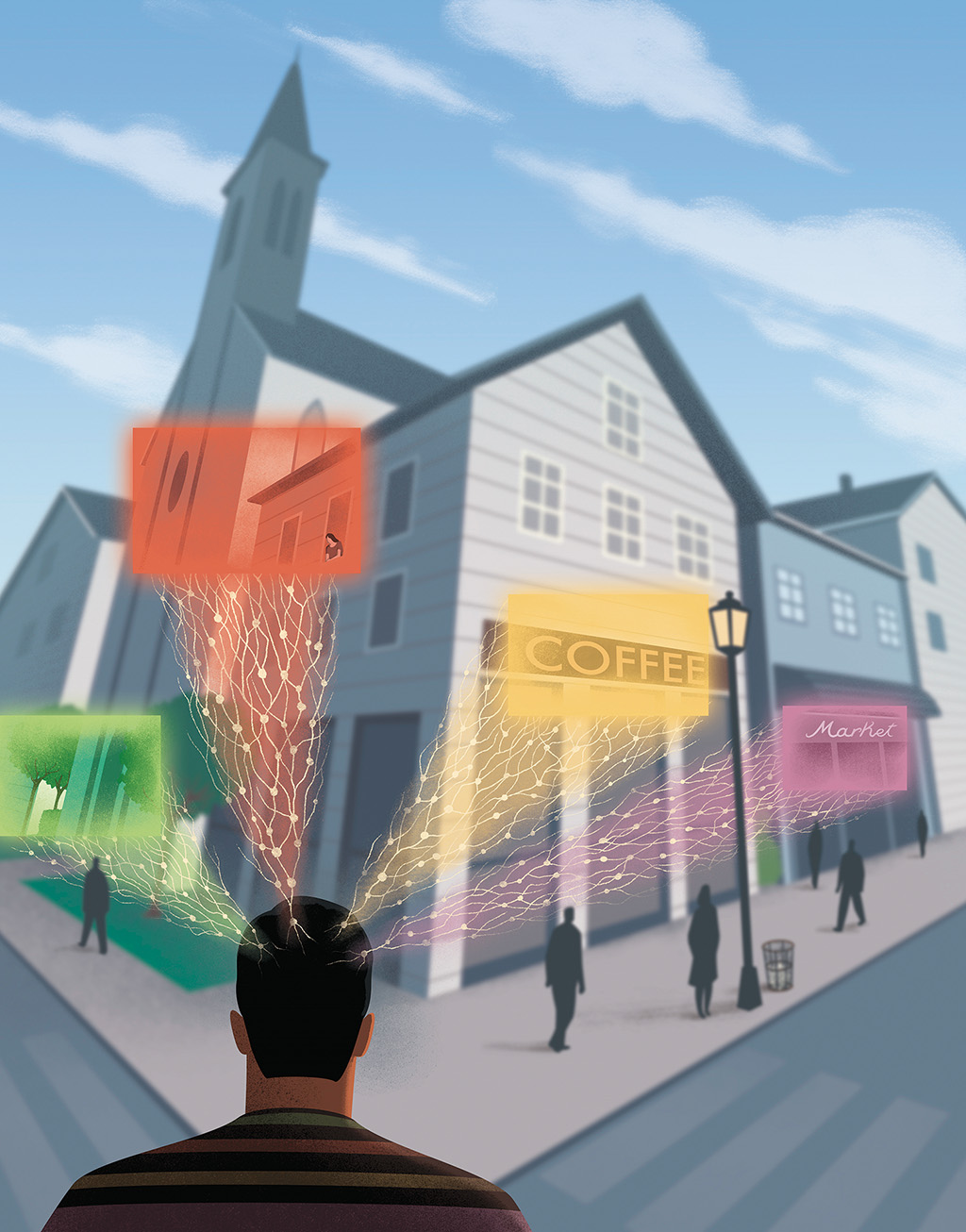 Illustration of a person looking at buildings that could be in a small town and neurons coming from his mind, signifying the connections he makes to and has with them.