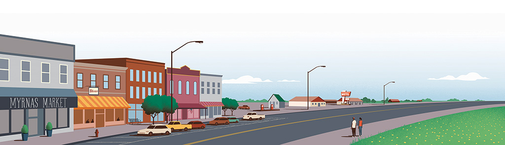 Illustration of two people looking at a Main Street in a rural area.