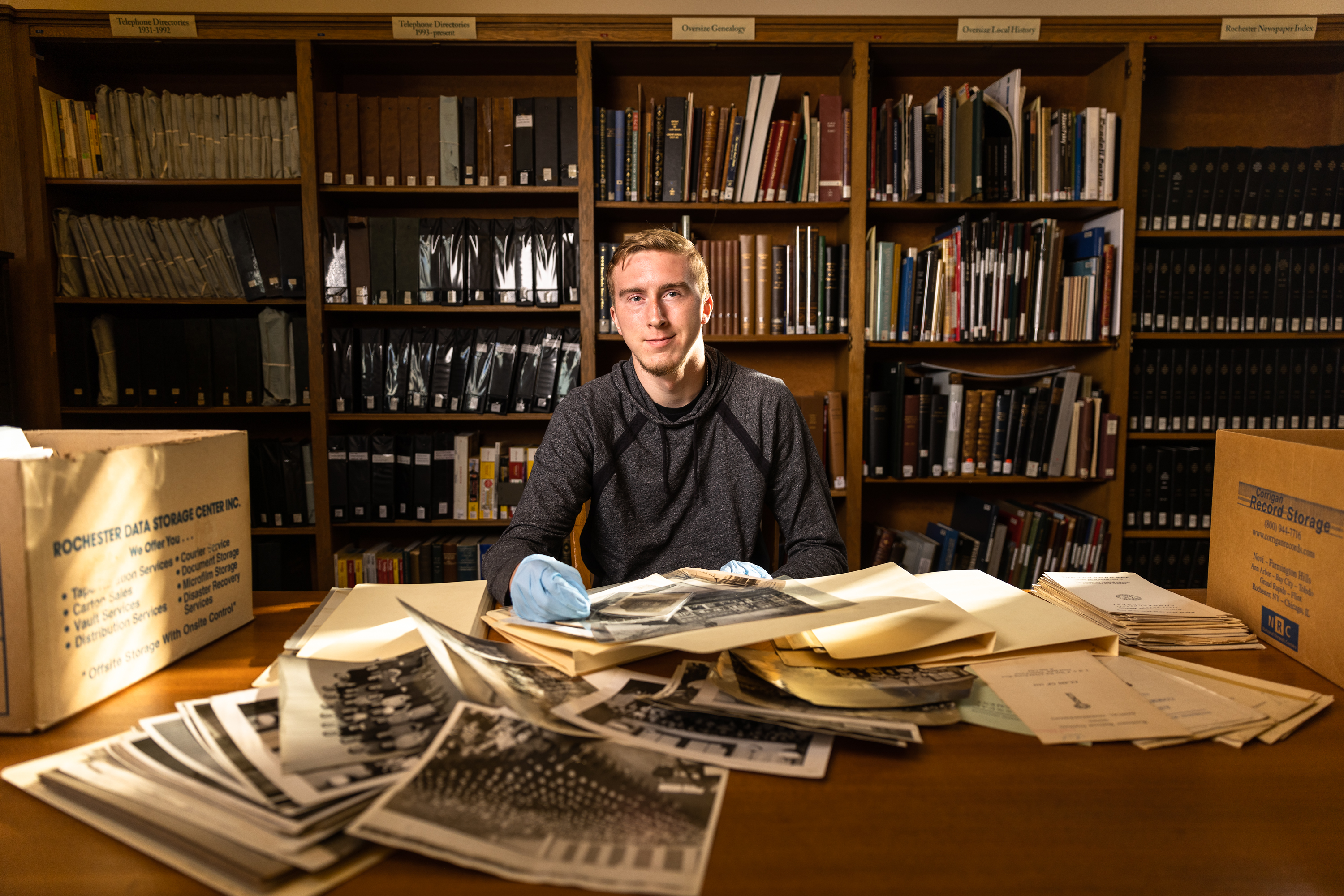 George Macko '23 at a table in the Rundel Memorial Library.