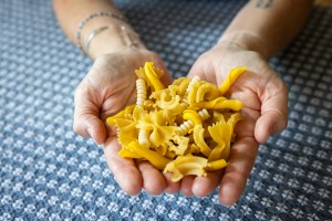 hands hold different shapes of pasta