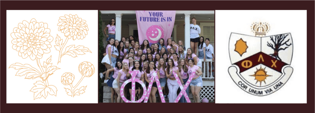 Screenshot 2024-11-08 at 2.49.01 PM (1) Illustration of Phi Lambda Chi flower, group photo of members, and crest.