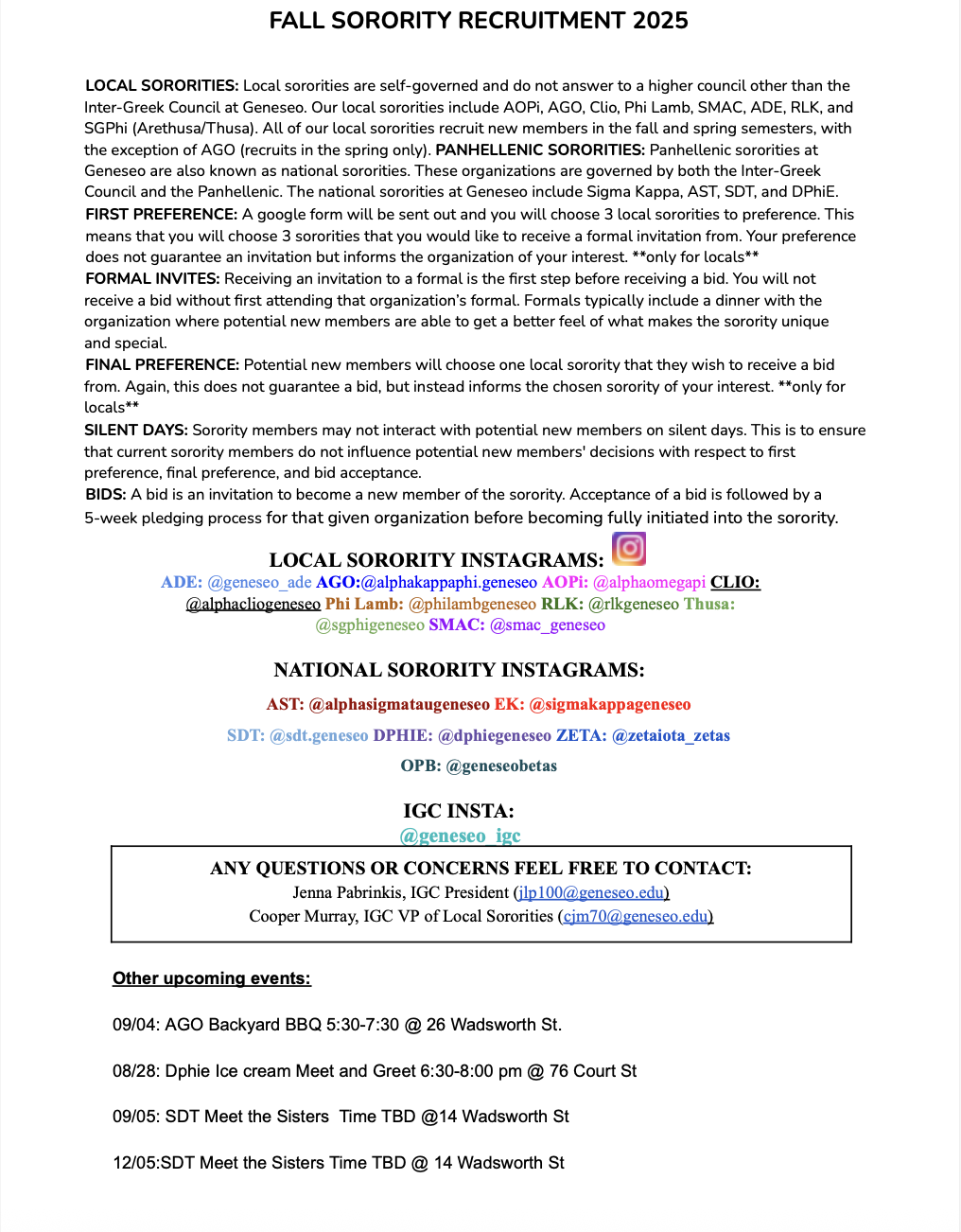 Flyer for Fall 2025 Sorority Recruitment at SUNY Geneseo. It explains the process for joining local and Panhellenic sororities, including preference selection, formal invites, silent days, and bids. Lists local sororities like AOPi, Clio, Phi Lamb, and national ones like Sigma Kappa and DPhie. Includes Instagram handles for local sororities.