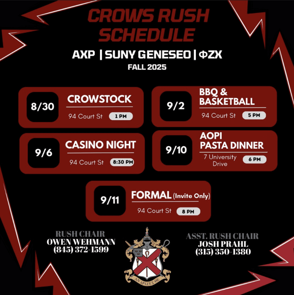 Promotional flyer for Alpha Chi Rho (AXP) announcing the Fall 2025 Rush Schedule. Events include: August 30: Crowstock at 94 Court Street. 1 PM September 2: BBQ & Basketball at 94 Court Street. 5 PM September 6: Casino Night at 94 Court Street. 8:30 PM September 10: AOPi Pasta Dinner at 7 University Drive. 6 PM September 11: Formal (Invite Only) at 94 Court Street, 8 PM. Contact Rush Chair Owen Wehmann at (845) 372-1599 or Assistant Rush Chair Josh Prahl at (315) 350-1380.