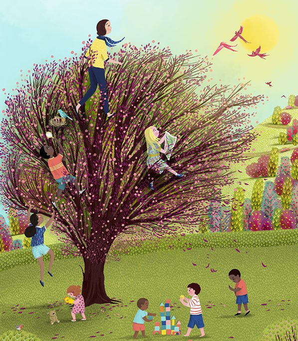 Illustration of kids playing in a tree, from kid to adulthood