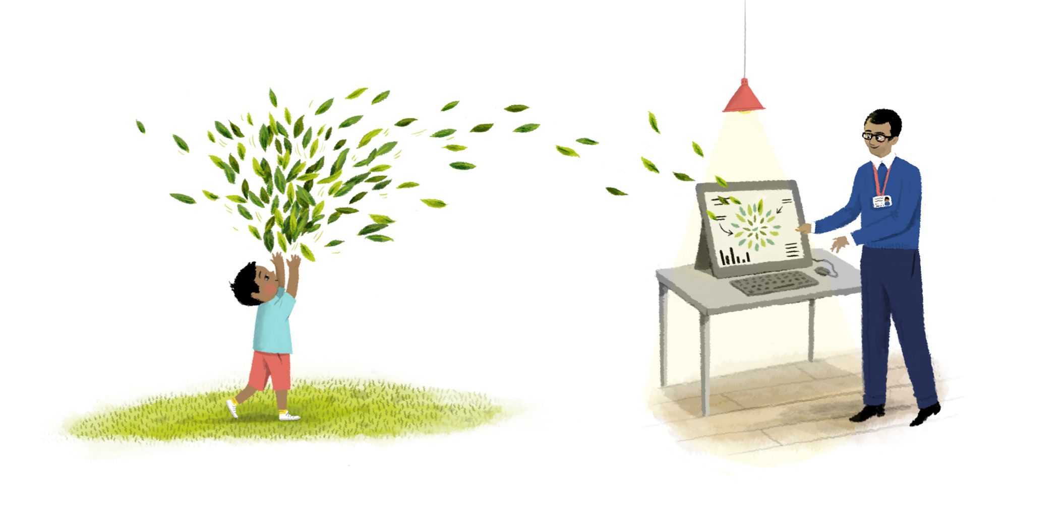 Illustration of a small boy throwing leaves and they go into the computer of an adult male, who is being creative in his career