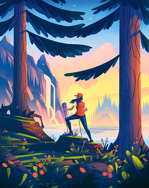illustration of a woman walking in the woods near a lake in the pacific northwest