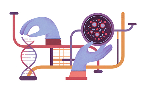 Illustration of two hands handling DNA and molecules