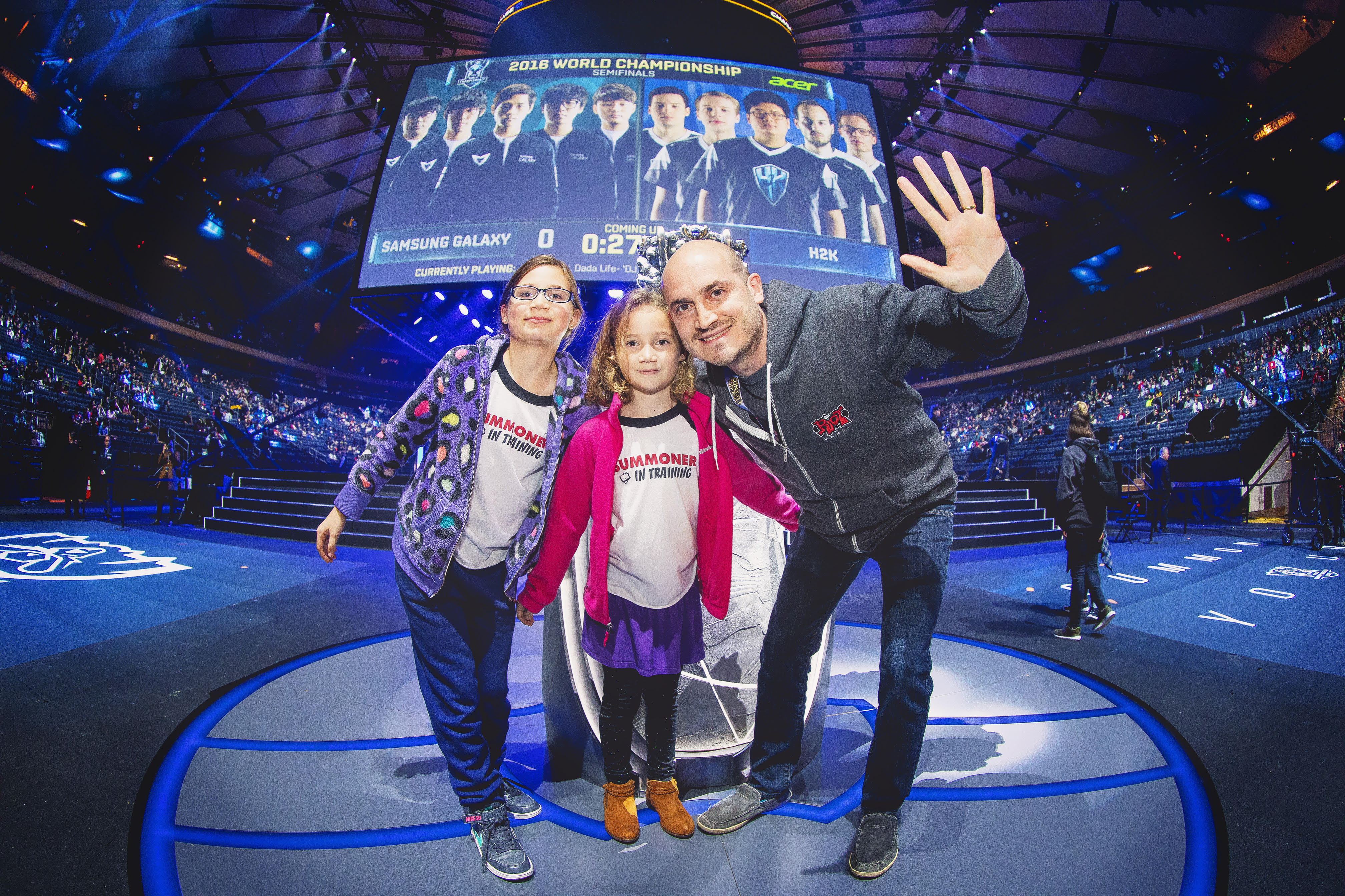 Ariel Horn '98 and his kids at the League of Legends Championships