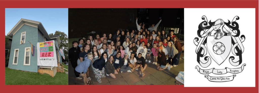 Group photo of The Royal Lady Knights and the RLK crest.