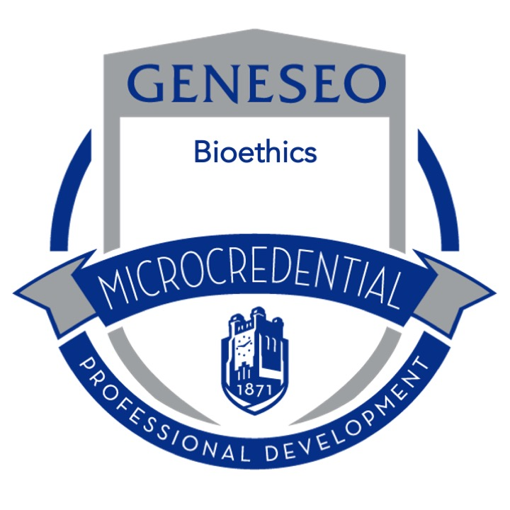 A blue and gray circular digital badge for the Bioethics Geneseo Microcredential. The badge features the Geneseo clock tower logo with the year 1871 and the words 'Professional Development' along the bottom arc.