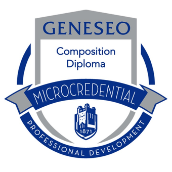 A blue and gray circular digital badge for the Composition Diploma Geneseo Microcredential. The badge features the Geneseo clock tower logo with the year 1871 and the words 'Professional Development' along the bottom arc.