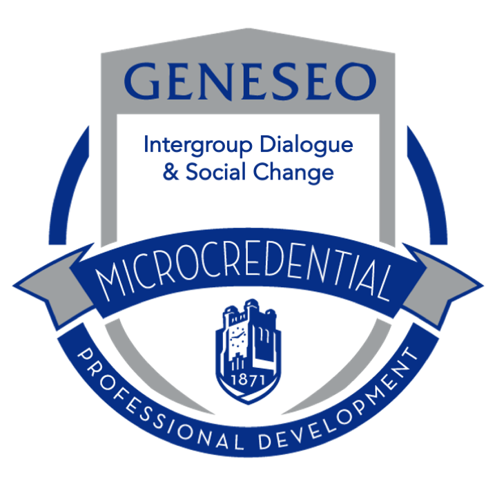 A blue and gray circular digital badge for the Intergroup Dialogue and Social Change Geneseo Microcredential. The badge features the Geneseo clock tower logo with the year 1871 and the words 'Professional Development' along the bottom arc.