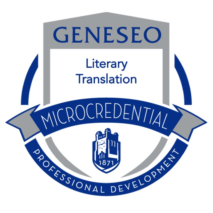 A blue and gray circular digital badge for the Geneseo Literary Translation Microcredential. The badge features the Geneseo clock tower logo with the year 1871 and the words 'Professional Development' along the bottom arc.