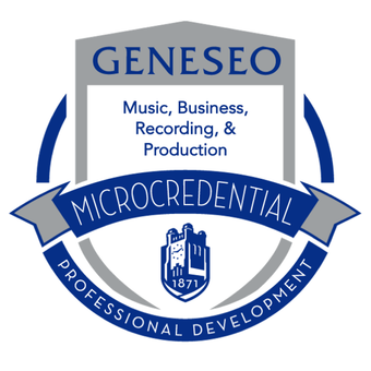 A blue and gray circular digital badge for the Music Business, Recording, and Production Geneseo Microcredential. The badge features the Geneseo clock tower logo with the year 1871 and the words 'Professional Development' along the bottom arc.