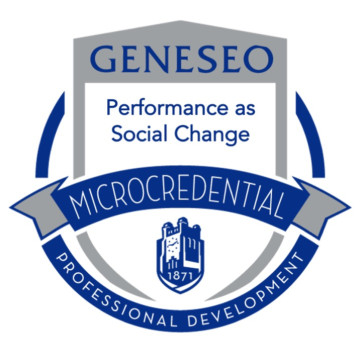 A blue and gray circular digital badge for the Performance as Social Change Geneseo Microcredential. The badge features the Geneseo clock tower logo with the year 1871 and the words 'Professional Development' along the bottom arc.