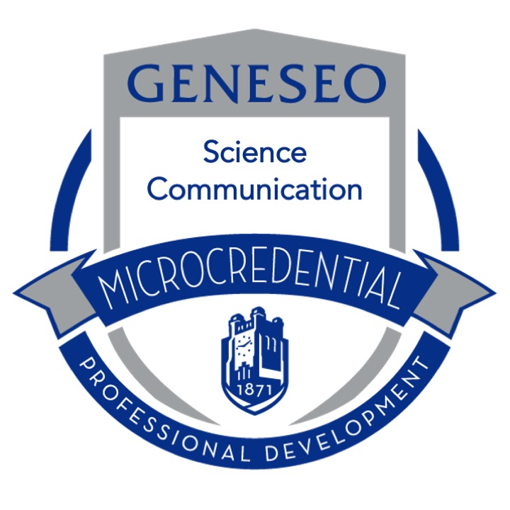 A blue and gray circular digital badge for the Science Communication Geneseo Microcredential. The badge features the Geneseo clock tower logo with the year 1871 and the words 'Professional Development' along the bottom arc.