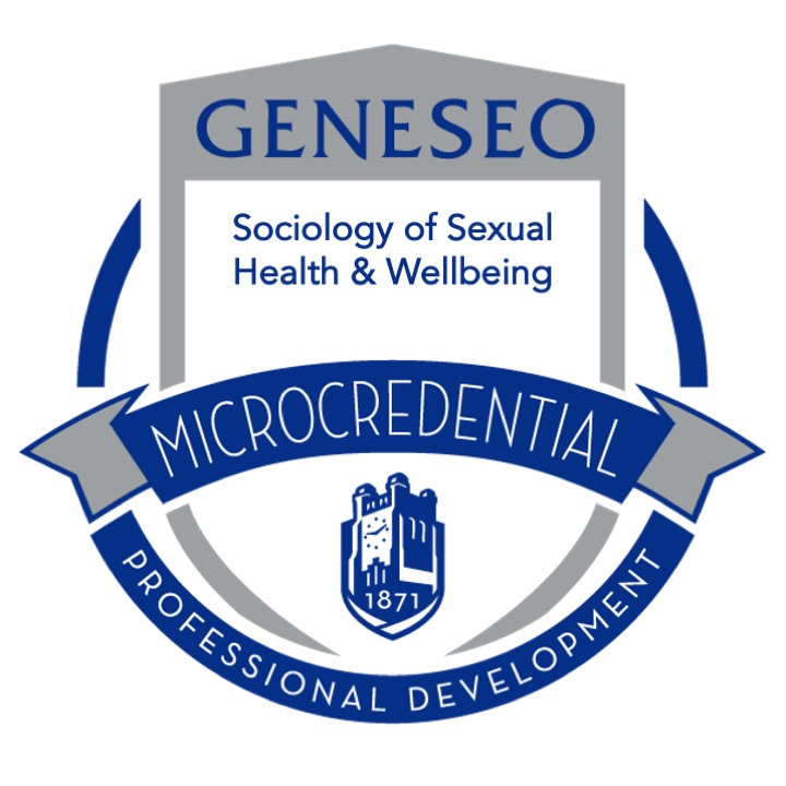 A blue and gray circular digital badge for the Sociology of Sexual Health and Wellbeing Geneseo Microcredential. The badge features the Geneseo clock tower logo with the year 1871 and the words 'Professional Development' along the bottom arc.
