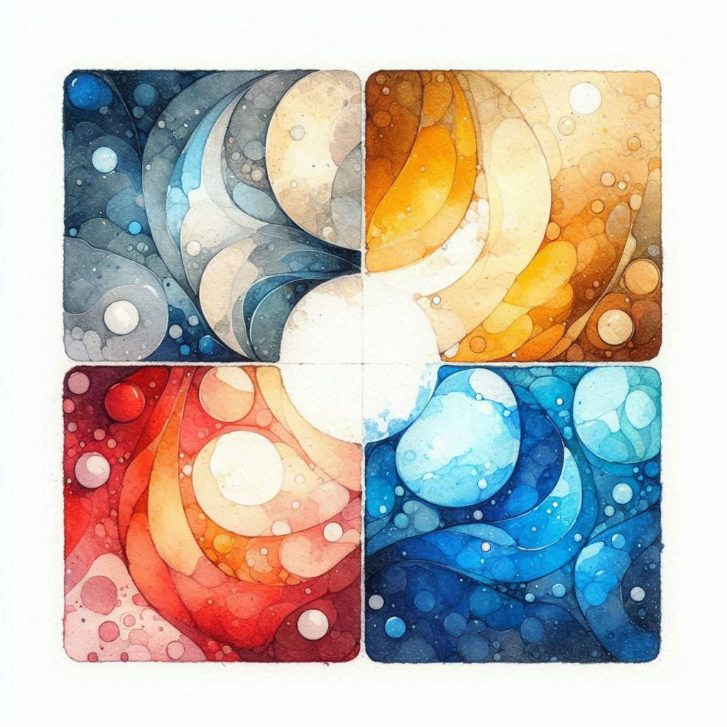 four water color squares in bright colors. 