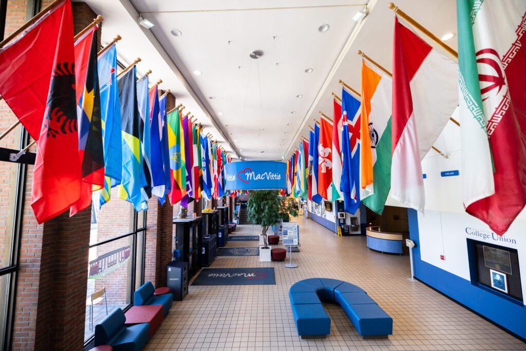 College Union Lobby Flags A photo of the college union lobby, displaying international flags.