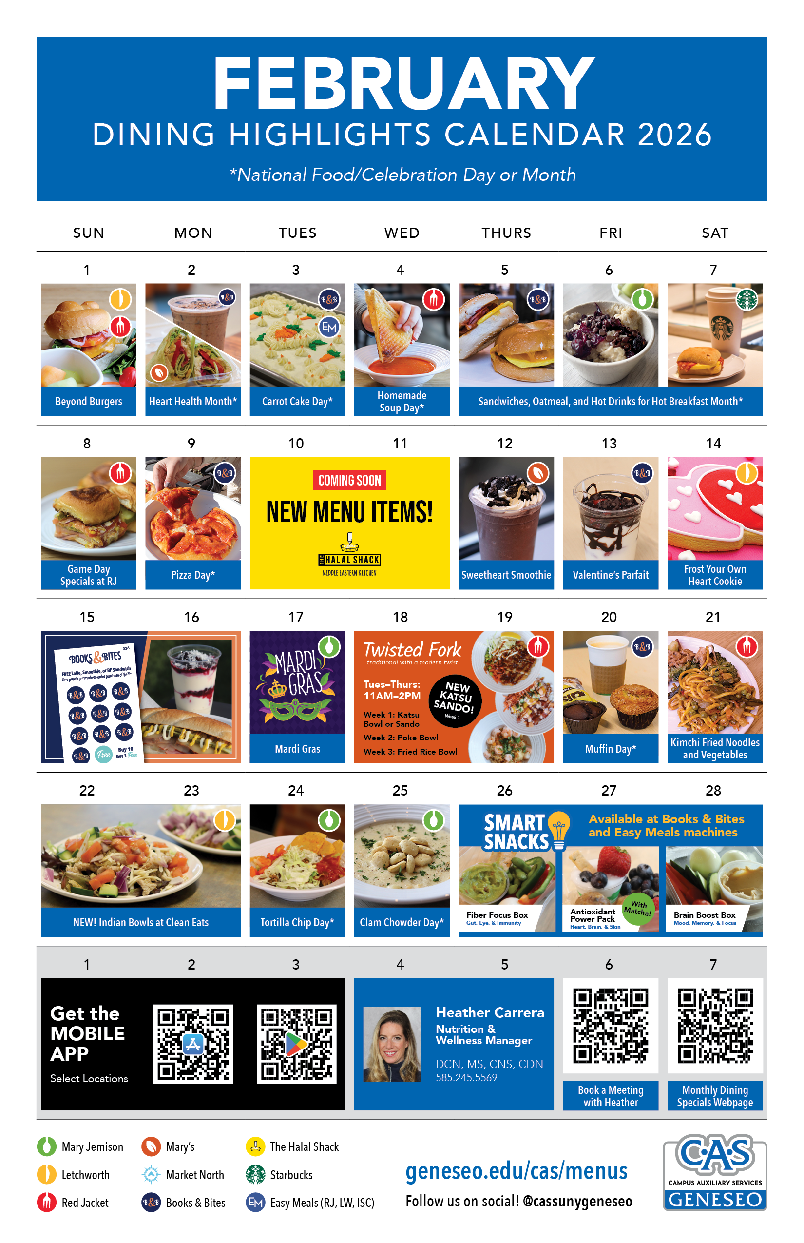 February dining highlights calendar, 2026. Specials listed below.