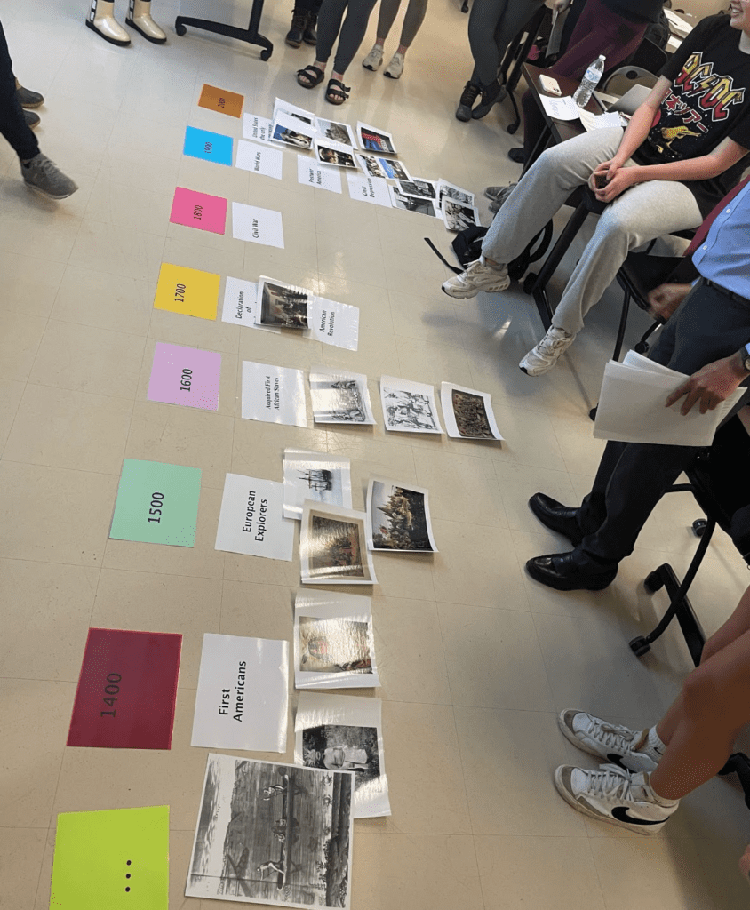 Classroom with display cards spread on the floor