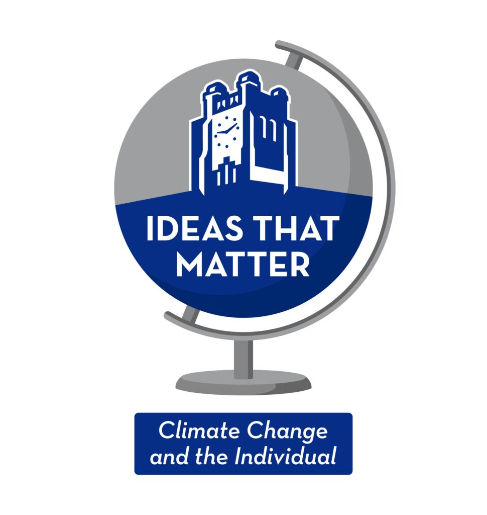 Logo for Ideas That Matter: text in a globe, theme text below "climate change and the individual"