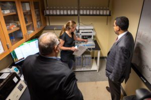 Professor Tara Sweet gives tour of lab and shows news equipment