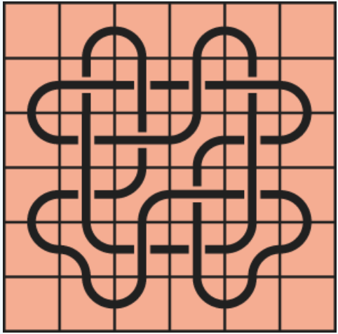 10_11 Interlocking black line knot on a light orange grid background.