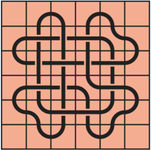 10_139 Interlocking black line knot on a light orange grid background.