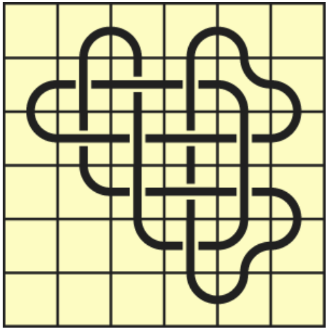 10_140 Interlocking black line knot on a light yellow grid background.